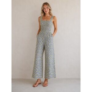 Mira Mikati Striped 3D Fringe Wide Leg Jumpsuit Blue Yellow EU 34 US 2